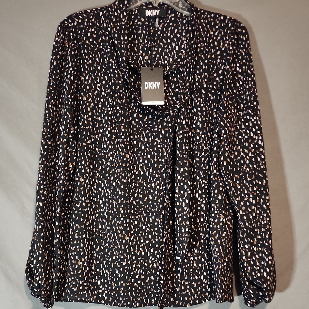 DKNY NWT Women's Black and Cream Speckled Blouse